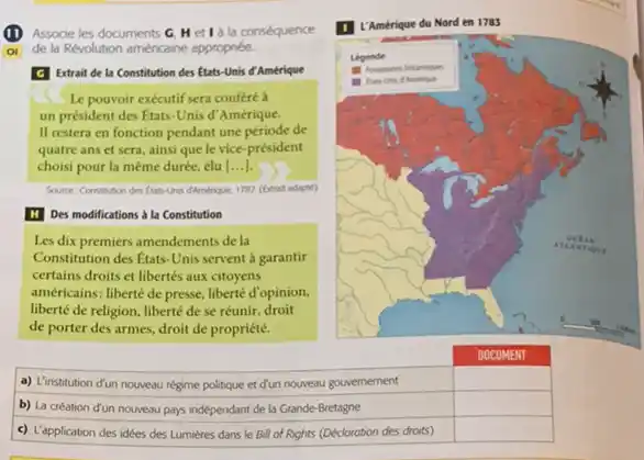 (1) Associe les documents G,H et I a la conséquence de la Revolution américaine appropriee. C. Extrait de la Constitution des thats-Unis & Amérique Le pouvoir exécutif sera conféré à un président des Êtats-Unis d'Amérique. Il restera en fonction pendant une période de quatre ans et sera, ainsi que te vice-président choisi pour la mème durée, élu [...]. [H] Des modifications à la Constitution Les dix premiers amendements de la Constitution des Êtats-Unis servent à garantir certains droits et libertés aux citoyens américains: liberté de presse, liberté d'opinion, liberté de religion, liberté de se réunir, droit de porter des armes, droit de propriété. D L'Amérique du Nord en 1783 DOCUMENT a) L'institution d'un nouveau régime politique et d'un nouveau gouvemement b) La création d'un nouveau pays indépendant de la Grande-Bretagne c) L'application des idées des Lumières dans le Bill of Rights (Déclaration des droits)