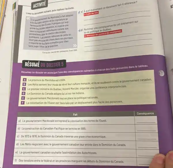 ACTIVIIE Lisez le document suivant, puis realisez ractivite. [Le gouvernement du Manitoba] a tait adopter A la demiere sassion de la Législature sa fameuse loides Ecoles Publiques qui supprime les ecoles sépares, et impose une taxe scolaine aux catholiques comme aux protestants pour le soutien des écoles publiques, Les clauses odieuses de cette loi nont pas encore êté citces dans nos journaux. In importe de les faire connaltre pour bien faire juger Rétat de la question. Extrah de : Joumal des compognes, 9 avril 1591 . RÉSUMÉ DU DOSSIER 5 Lb) Nommez une conséquence de cet évènement sur la vie politique au Québec. Determiner des couses et des constquences Rẻsumez ce dossier en associant rune des conséquences suivantes à chacun des faits présentès dans le tableau. A La province du Manitoba est créée. B Les Mẻtis sentent leur mode de vie et leur culture menacés, et ils se soulèvent contre le gouvernement canadien. C. Le premier ministre du Québec, Honoré Mercier, organise une conférence interprovinciale. D] Le Dominion du Canada adopte la Loì sur les Indiens. E Le gouvernement Macdonald met en place sa politique nationale. F La colonisation de rOuest est favorisẻe par un déplacement plus facile des personnes. Fait Conséquence a) Le gouvernement Macdonald entreprend la colonisation des terres de rOuest. b) La construction du Canadien Pacifique se termine en 1885. c) De 1873 à 1878 , le Dominion du Canada traverse une grave crise économique. d) Les Mẻtis négocient avec le gouvernement canadien leur entrée dans le Dominion du Canada. e) Le gouvernement canadien souhaite lassimilation des Autochtones. f) Des tensions entre le fédẻral et les provinces marquent les dëbuts du Dominion du Canada.