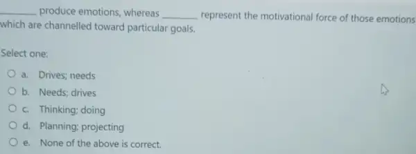 produce emotions, whereas represent the motivational force of those emotions which are channelled toward particular goals. Select one: a. Drives; needs b. Needs; drives c. Thinking; doing d. Planning; projecting e. None of the above is correct.