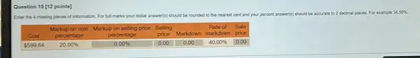 Question 15 [12 points] Erter the 4 missing pieces of information. For fll marks your dollar answer(s) should be rounded to the nearest cent and your percent answer(s) should be accurate to 2 decimal places. For example 34.56% . Cost Markup on cost percentage Markup on cost percentage Markup on selling price percentage Markup on selling price percentage Selling price Selling price Markdown Rate of markdown Rate of markdown Sale price Sale price 599.64 20.00% 0.00% 0.00 0.00 40.00% 0.00 Cost	"Markup on cost percentage"	"Markup on selling price percentage"	"Selling price"	Markdown	"Rate of markdown"	"Sale price" 599.64	20.00%	0.00%	0.00	0.00	40.00%	0.00