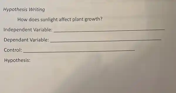 Hypothesis Writing
How does sunlight affect plant growth?
Independent Variable: __
Dependant Variable: __
Control: __
Hypothesis: