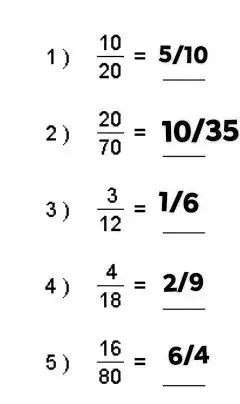 1) (10)/(20)=5/10
2) (20)/(70)=10/35
3) (3)/(12)=1/6
4) (4)/(18)=2/9
5) (16)/(80)=6/4