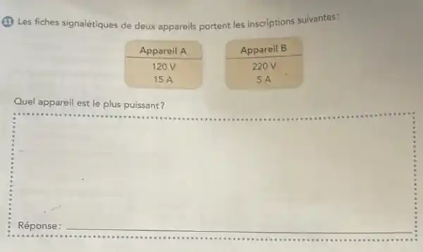 (1) Les fiches signalétiques de deux appareils portent les inscriptions suivantes:
Appareil A	Appareil B
120V	220V
15 A	5A
Quel appareil est le plus puissant?