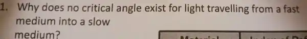 1. Why does no critical angle exist for light travelling from a fast
medium into a slow
medium?