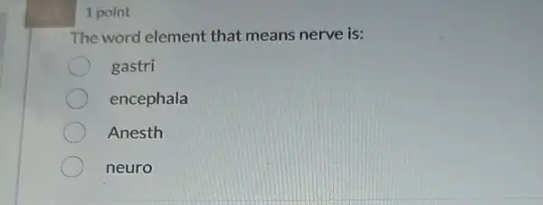 1 point
The word element that means nerve is:
gastri
encephala
Anesth
neuro