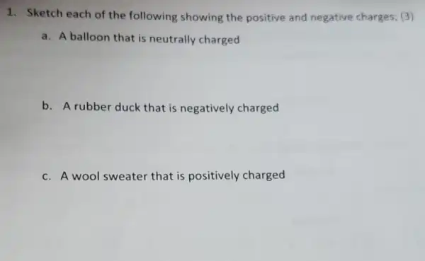 1. Sketch each of the following showing the positive and negative charges; (3)
a. A balloon that is neutrally charged
b. A rubber duck that is negatively charged
c. A wool sweater that is positively charged