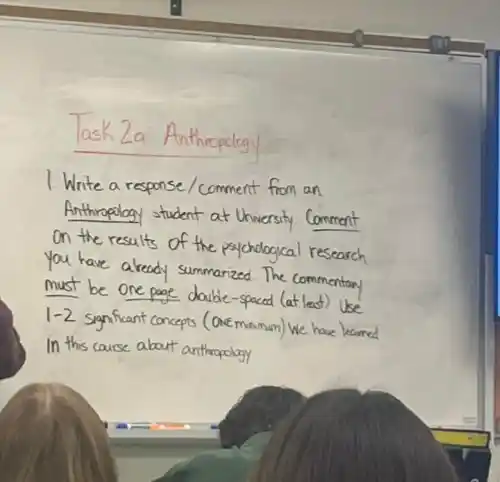 1. Write a response/comment from an Anthropology student at University. Comment on the results of the psychological research you have already summarized. The commentary must be one page double-spaced (at last) Use 1-2 significant concepts (Oreminum) We have learned In this caise about anthropology