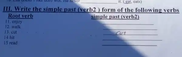 10. Loa doesn't like doro wot. He never __ it. ( eat, eats)
III. Write the simple past (verb2 ) form of the following verbs
Root verb
simple past (verb2)
11. enjoy
__
12. walk
__
13.cut
__
14 hit
__
15 read
__