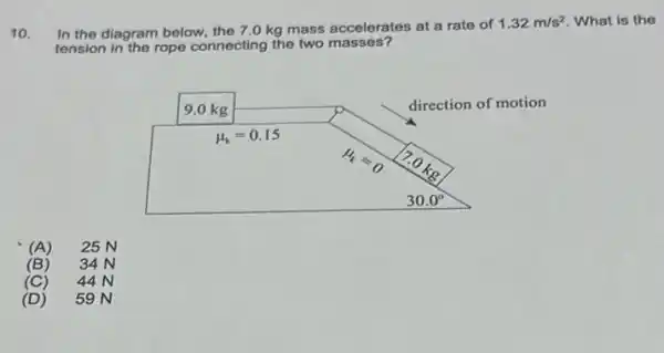 10.
In the diagram below.the 7.0 kg mass accelerates at a rate of
1.32m/s^2 What is the
tension in the rope connecting the two masses?
(A) 25 N
(B) 34 N
(C) 44 N
(D) 59 N