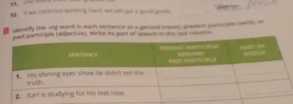 12. If we continue working hard, we will get a good orate
B Identify the -ing word in each sentence as a gerund inoum, present participle (verb), or past participle (adjective). Write its part of speech in the last column.
1. His shining eyes show he didn't tell the truth.
2. Karl is studying for his test now.