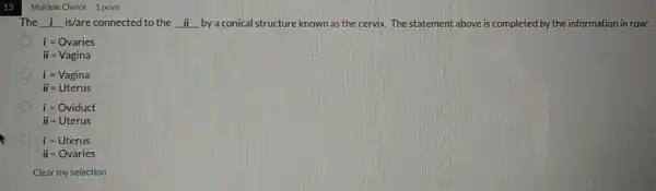 13
Multiple Choice 1 point
The __ is/are connected to the __ by a conical structure known as the cervix.The statement above is completed by the information in row:
i=Ovaries
ii=Vagina
i=Vagina
ii=Uterus
i=Oviduct
ii=Uterus
i=Uterus
ii=Ovaries
Clear my selection