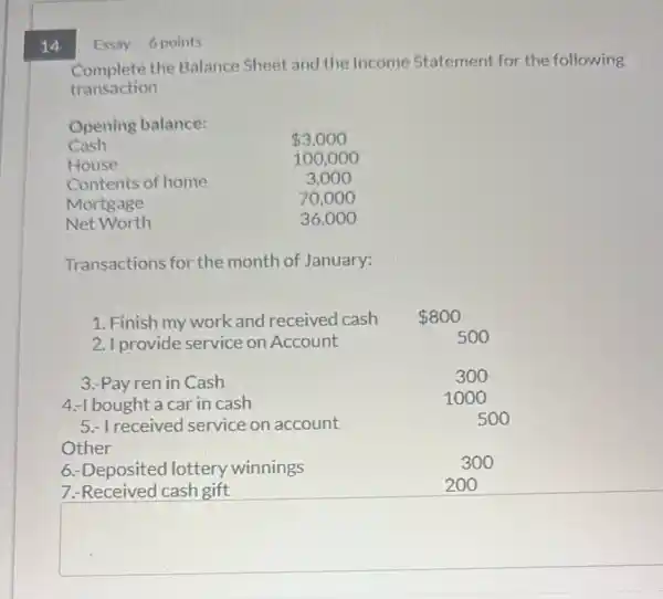 14
Complete the Balance Sheet and the Income Statement for the following
transaction
Opening balance:
Cash
House
Mortgage
NetWorth
Transactions for the month of January:
200 200
square 
Essay 6 points