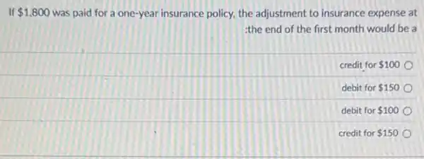 If 1,800 was paid for a one-year insurance policy, the adjustment to insurance expense at
:the end of the first month would be a
credit for 100
debit for 150
debit for 100
credit for 150