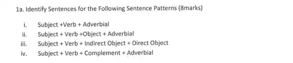 1a. Identify Sentences for the Following Sentence Patterns (8marks)
i. Subject+Verb+Adverbial
ii Subject+Verb+Object+Adverbial
iii. Subject+Verb+Indirect Object+Direct Object
iv Subject+Verb+Complement+Adverbial