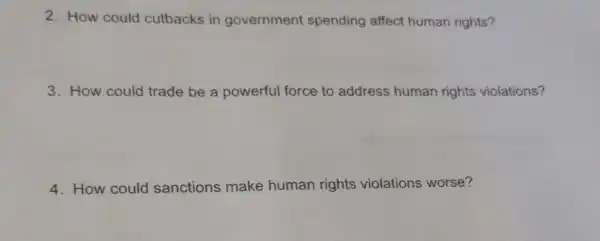 2. How could cutbacks in government spending affect human rights?
3. How could trade be a powerful force to address human rights violations?
4. How could sanctions make human rights violations worse?