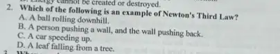 2. Which of the following is an example of Newton's Third Law?
A. A ball rolling downhill.
B. A person pushing a wall, and the wall pushing back.
C. A car speeding up.
D. A leaf falling from a tree.
thingy cannot be created or destroyed.