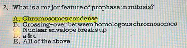 2. What is a major feature of prophase in mitosis?
A Chromosomes condense
B . Crossing-over between homologous chromosomes
C. Nuclear envelope breaks up
D. a&c
E. All of the above