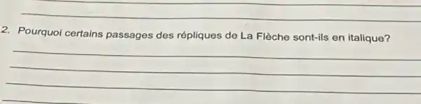 __
2. Pourquoi certains passages des répliques de La Flèche sont-ils en italique?
__