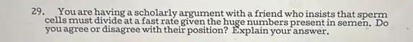 29. You are having a scholarly argument with a friend who insists that sperm
cells must divide at a fast rate given the huge numbers present in semen. Do
you agree or disagree with their position?Explain your'answer.