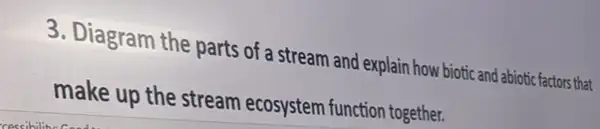 3. Diagram the parts of a stream and explain how biotic and abiotic factors that
make up the stream ecosystem function together.