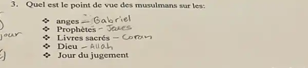 3. Quel est le point de vue des musulmans sur les:
anges
Prophètes -
Livres sacrés - C
Dieu -
Jour du jugement