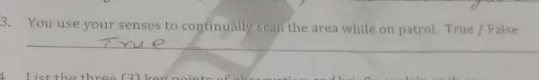 3. You use your senses to continually scan the area while on patrol True / False
__