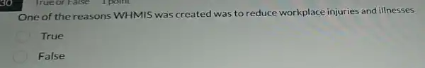 30
One of the reasons WHMIS was created was to reduce workplace injuries and illnesses
True
False