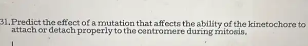 31.Predict the effect of a mutation that affects the ability of the kinetochore to
attach or detach properly to the centromere during mitosis.