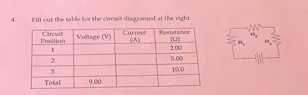 4. Fill out the table for the circuit diagramed at the right.

 }(c)
Circuit 
Position
 & Voltage (V) & 
Current 
(A)
 & 
Resistance 
(Omega)
 
 1 & & & 2.00 
 2 & & & 5.00 
 3 & & & 10.0 
 Total & 9.00 & &