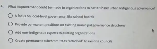 4. What improvement could be made to organizations to better foster urban Indigenous governance?
A focus on local-level governance like school boards
Provide permanent positions on existing municipal governance structures
Add non-Indigenous experts to existing organizations
Create permanent subcommittees "attached" to existing councils