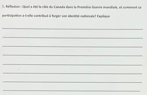 5. Réflexion:Quela été le rôle du Canada dans la Première Guerre mondiale, et comment sa
participation a-telle contribué à forger son identité nationale?Explique
__