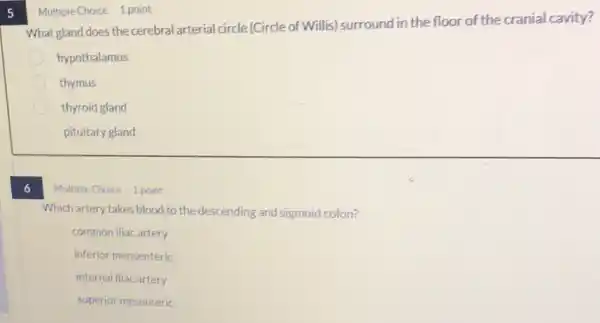 5
6
What gland does the cerebral arterial circle (Circle of Willis) surround in the floor of the cranial cavity?
hypothalamus
thymus
thyroid gland
pituitary gland
Multiple Choice 1 point
Multiple Choice 1 point
Which artery takes blood to the descending and sigmoid colon?
common iliacartery
inferior mensenteric
internal iliac artery
superior mesenteric