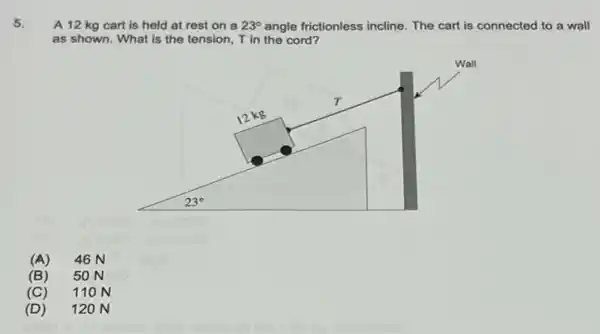 5.
A 12 kg cart is held at rest on a 23^circ  angle frictionless incline. The cart is connected to a wall
as shown. What is the tension, T in the cord?
(A) 46N
(B) 50 N
(C) 110 N
(D) 120 N