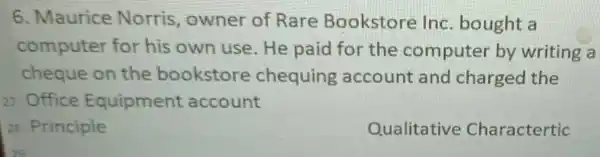 6. Maurice Norris owner of Rare Bookstore Inc. bought a
computer for his own use.He paid for the computer by writing a
cheque on the bookstore chequing account and charged the
27 Office Equipment account
28 Principle
Qualitative Charactertic