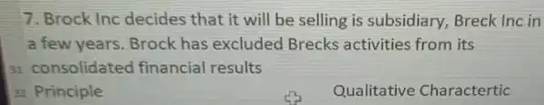 7. Brock Inc decides that it will be selling is subsidiary Breck Inc in
a few years Brock has excluded Brecks activities from its
31 consolidate financial results
32 Principle
Qualitative Charactertic