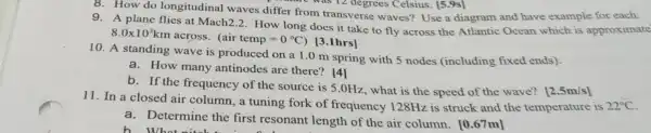 8. How do longitudinal waves differ from transverse waves?Use a diagram and have example for each.
9. A plane flies at Mach2.2. How long does it take to fly across the Atlantic Ocean which is approximate
8.0times 10^3km across. (air temp=0^circ C) [3.1hrs]
10. A standing wave is produced on a 1.0 m spring with 5 nodes (including fixed ends).
a. How many antinodes are there? [4]
If the frequency of the source is 5.0Hz, what is the speed of the wave? [2.5m/s]
11. In a closed air column, a tuning fork of frequency 128Hz is struck and the temperature is 22^circ C
a. Determine the first resonant length of the air column. [0.67m]