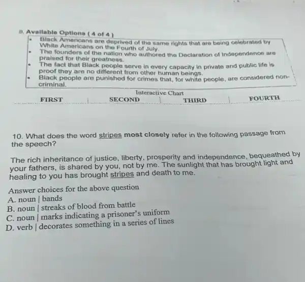 9. Avallable Options (4 of 4)
White Americans on the Fourth of July.
White Americans are deprived of the same rights that are being celebrated by
The founders of the nation who authored the Declaration of Independence are
praised for their greatness.
The fact that Black people serve in every capacity in private and public life is
proof they are no different from other human beings.
Black people are punished for crimes that, for white people, are considered non-
criminal.
Interactive Chart
FIRST
SECOND
THIRD
FOURTH
10. What does the word stripes most closely refer in the following passage from
the speech?
The rich inheritance of justice, liberty, prosperity and independence , bequeathed by
your fathers, is shared by you, not by me. The sunlight that has brought light and
healing to you has brought stripes and death to me.
Answer choices for the above question
A. noun | bands
B. noun | streaks of blood from battle
C. noun | marks indicating a prisoner's uniform
D. verb / decorates something in a series of lines