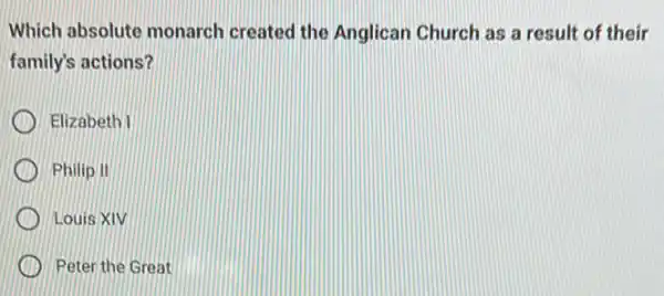 Which absolute monarch created the Anglican Church as a result of their
family's actions?
Elizabeth
Philip II
Louis XIV
Peter the Great