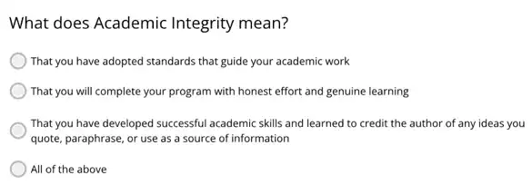 What does Academic Integrity mean?
That you have adopted standards that guide your academic work
That you will complete your program with honest effort and genuine learning
That you have developed successful academic skills and learned to credit the author of any ideas you
quote, paraphrase, or use as a source of information
All of the above