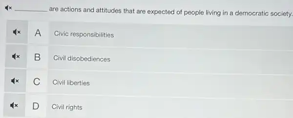 __
are actions and attitudes that are expected of people living in a democratic society.
A
Civic responsibilities
B
Civil disobediences
C
Civil liberties
D
Civil rights