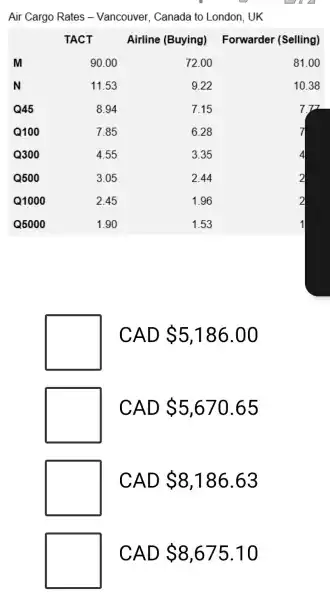 Air Cargo Rates - Vancouver, Canada to London, UK

 M & Ai & Airline (Buying) & Forwarder (Selling) 
 M & 90.00 & 72.00 & 81.00 
 mathbf(N) & 11.53 & 9.22 & 10.38 
 Q45 & 8.94 & 7.15 & 7.7 
 Q100 & 7.85 & 6.28 & 7 
 Q300 & 4.55 & 3.35 & 4 
 Q500 & 3.05 & 2.44 & 2 
 Q1000 & 2.45 & 1.96 & 2 
 Q5000 & 1.90 & 1.53 & 1 


 square CAD  5,186.00 
 square CAD  5,670.65 
 square CAD  8,186.63 
 square CAD  8,675.10