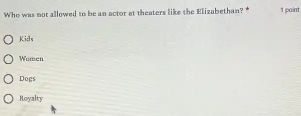 Who was not allowed to be an actor at theaters like the Elizabethan?
Kids
Women
Dogs
Royalty
1 point