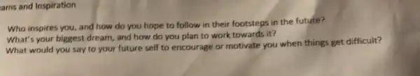 ams and Inspiration
Who inspires you, and how do you hope to follow in their footsteps in the future?
What's your biggest dream , and how do you plan to work towards it?
What would you say to your future self to encourage or motivate you when things get difficult?