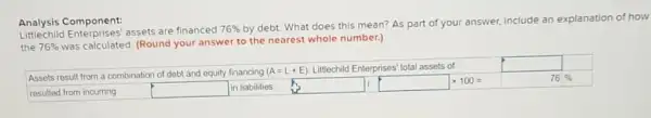 Analysis Component:
Analysis Compresses assets are financed
76% 
by debt. What does this mean? As part of your answer, include an explanation of how
the 76%  was calculated.(Round your answer to the nearest whole number.)
square 
square 
square