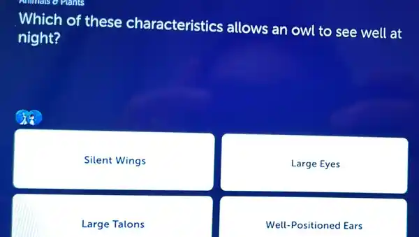 Animals o Plants
. Which of these characteristics allows an owl to see well at
night?
Silent Wings
Large Eyes
Large Talons
Well-Positioned Ears