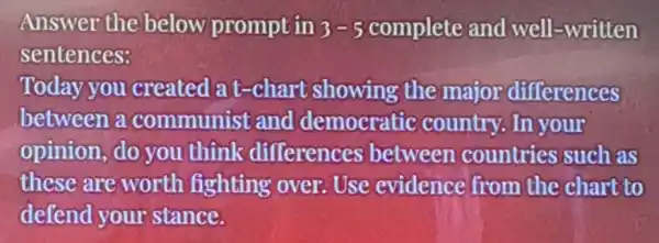 Answer the below prompt in 3-5 complete and well-written
sentences:
Today you created at -chart showing the major differences
between a communist and democratic country,In your
opinion, do you think differences between countries such as
these are worth fighting over Use evidence from the chart to
defend your stance.