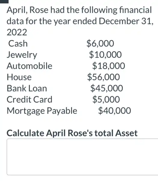 April, Rose had the following financial
data for the year ended December 31,
2022
Jewelry	 10,000
Bank Loan	 45,000
Credit Card	 5,000
Mortgage Payable 40,000
Calculate April Rose's total I Asset
square