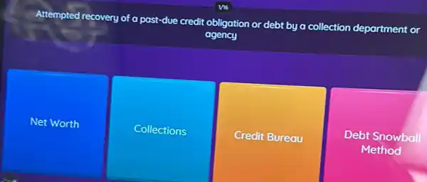 Attempted recovery of a past-due credit obligation or debt by a collection department or
agency
Net Worth
Collections
Credit Bureau
Debt Snowball
Method