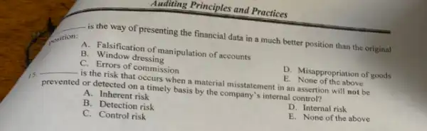 Auditing Principles and Practices
__ is the way of presenting the financial data in a much better position than the original
A. Falsification of manipulation of accounts
B. Window dressing
D. Misappropriation of goods
C. Errors of commission
E. None of the above
is
prevented or detected on a timely basis by the company's internal control?
__ is the risk that occurs when a material misstatement in an assertion will not be
A. Inherent risk
D. Internal risk
B. Detection risk
E. None of the above
C. Control risk