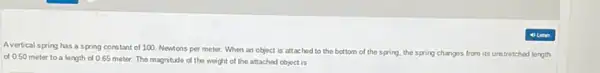 Avertical spring has a spring constant of 100 Newtons per meter. When an object is attached to the bottom of the spring, the spring
changes from its unstretched length
of 0.50 meter to a length of 065 meter. The magnitude of the weight of the attached object is